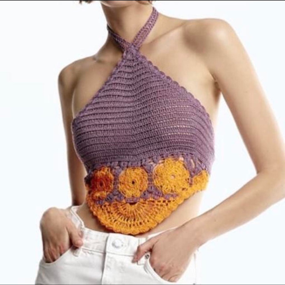 Zara Halter Crochet Knit Top Purple Orange - Picture 2 of 3